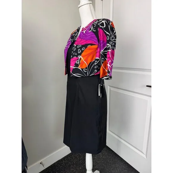 AGB Petite 2-Piece Black Sheath Dress With Vibrant Abstract Print Bolero Jacket - Picture 3 of 16